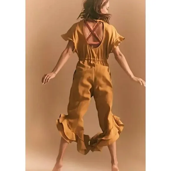 NWT FREE PEOPLE MOVEMENT Sz XS SHELTER ONE PIECE JUMPSUIT RUFFLE JUMPER GOLD - Picture 4 of 4